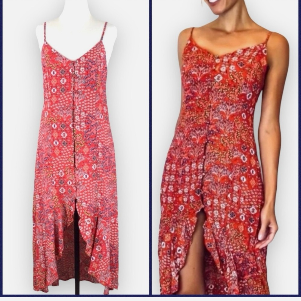 ABEL the LABEL Red Floral Lola button front high low anthropologie sz S boho